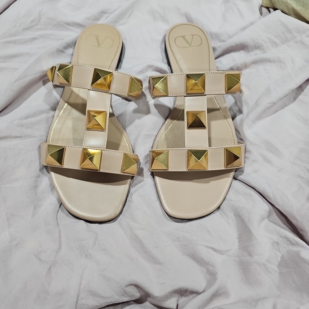 Valentino Cream Sandals with Gold Studs